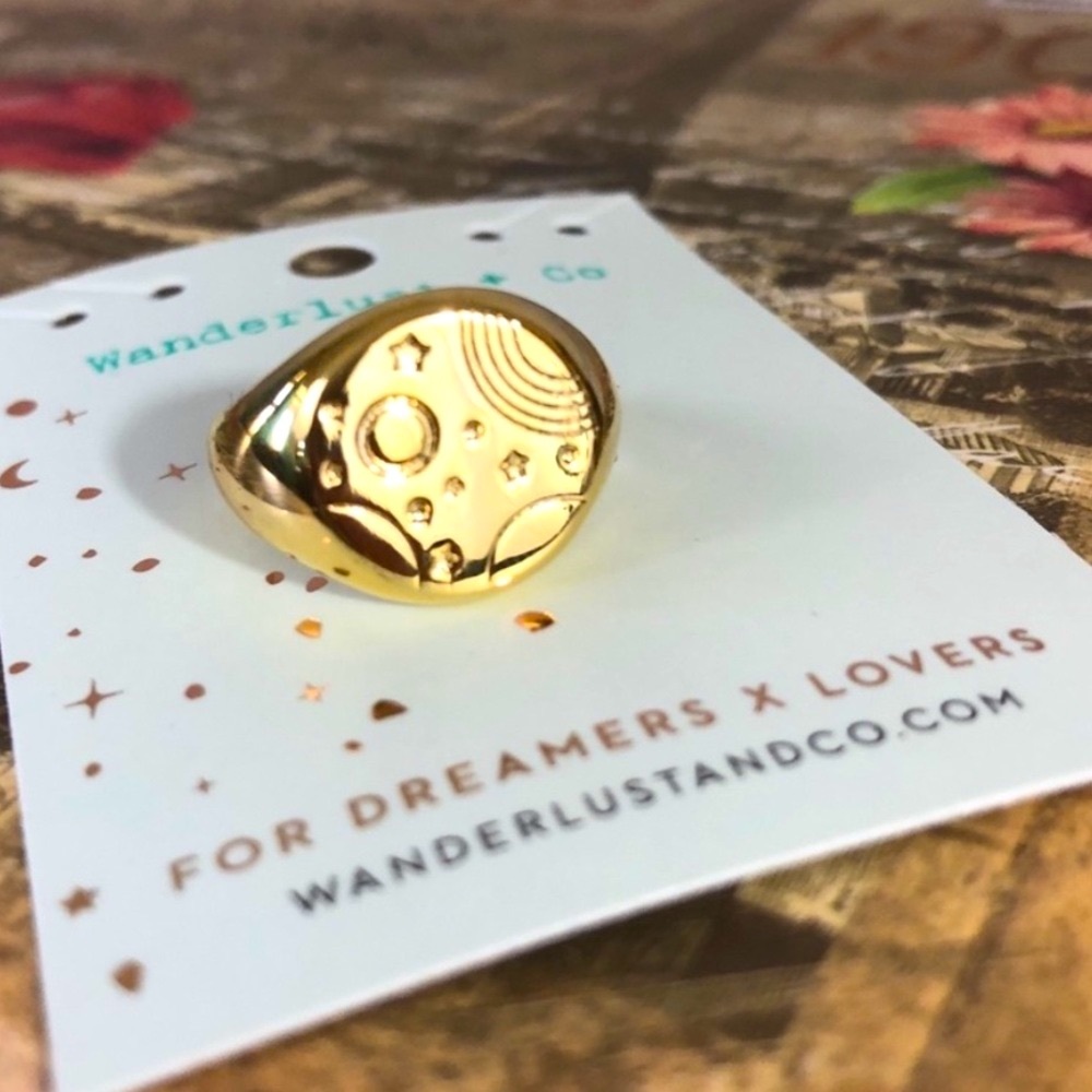 Wanderlust + Co 🌙 18K Gold Over S925, Adjustable “Orbit Signet” Ring